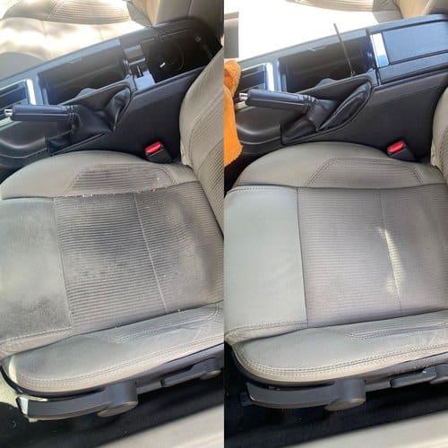 before and after pictures of cloth seats that have been steam cleaned