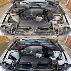 BMW before and after engine bay cleaning with our service