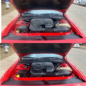 before and after photos of a dodge challenger that has been steam cleaned