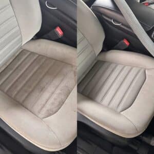 before and after pictures of cloth seats that have been shampooed and extracted to a clean finish