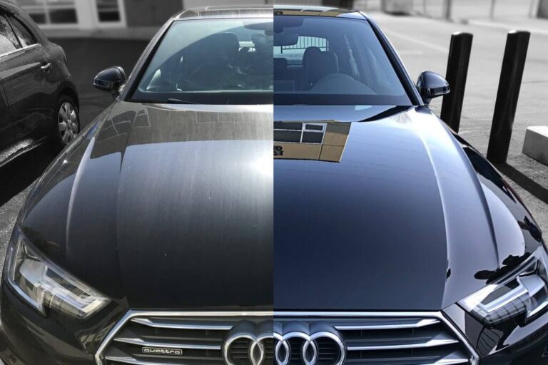 a black Audi sedan before and after paint correction