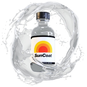 a bottle of liquid ceramic coating for vehicles by SunCoat manufacturing