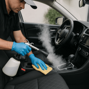 Interior of a car being steam clean and sanitized for smoke odor removal